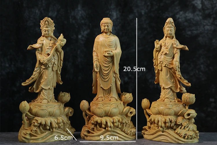 Solid Wood Amitabha & Avalokitesvara Trio Sculpture, Cherished Buddhist Saints, Captivating Boxwood Artistry for Serene Home