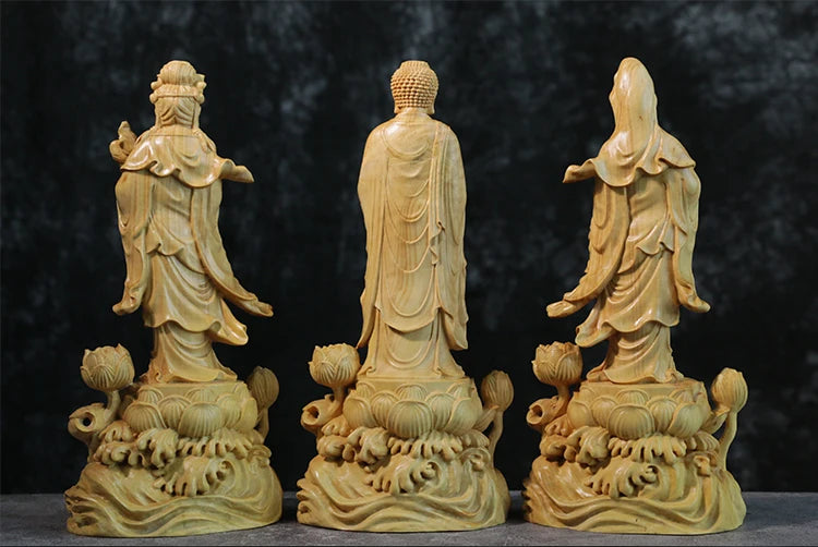 Solid Wood Amitabha & Avalokitesvara Trio Sculpture, Cherished Buddhist Saints, Captivating Boxwood Artistry for Serene Home