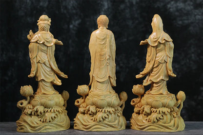 Solid Wood Amitabha & Avalokitesvara Trio Sculpture, Cherished Buddhist Saints, Captivating Boxwood Artistry for Serene Home