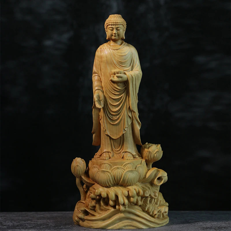 Solid Wood Amitabha & Avalokitesvara Trio Sculpture, Cherished Buddhist Saints, Captivating Boxwood Artistry for Serene Home