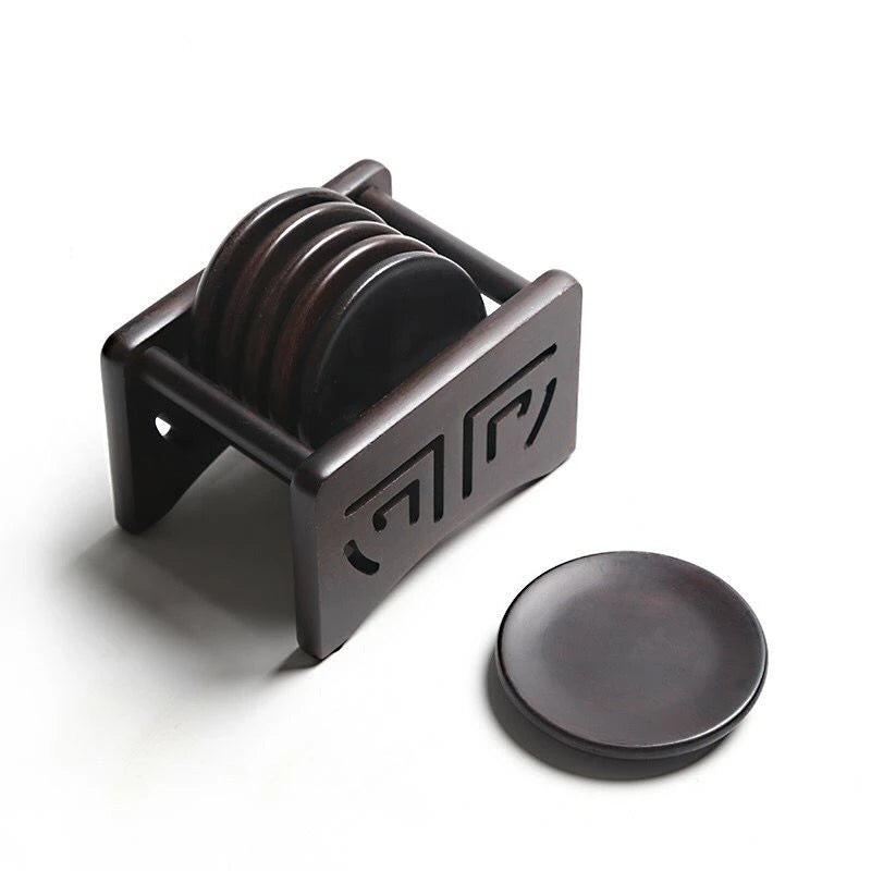 Solid Wood Black Sandalwood Square and Circular Cup Cushion Set, Kungfu Heat Insulation Pad, Tea Cup and Saucer, Tea Accessories