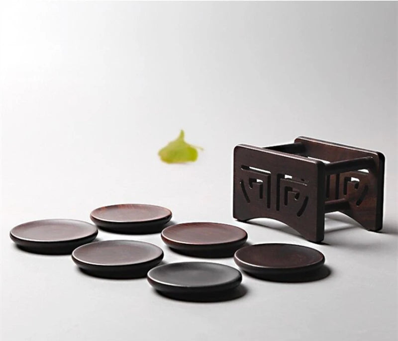 Solid Wood Black Sandalwood Square and Circular Cup Cushion Set, Kungfu Heat Insulation Pad, Tea Cup and Saucer, Tea Accessories