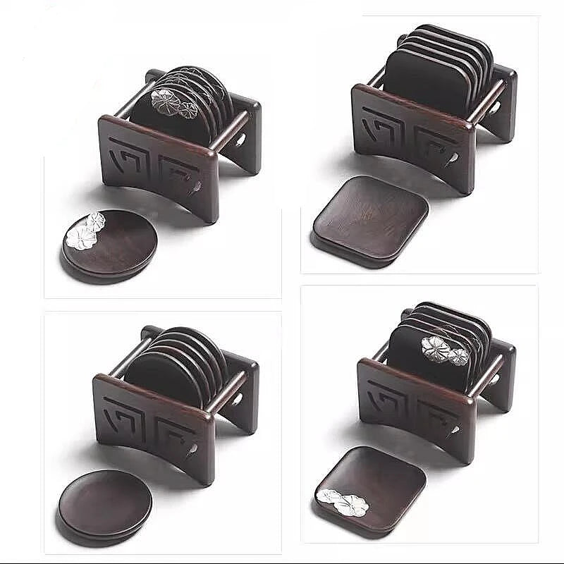 Solid Wood Black Sandalwood Square and Circular Cup Cushion Set, Kungfu Heat Insulation Pad, Tea Cup and Saucer, Tea Accessories