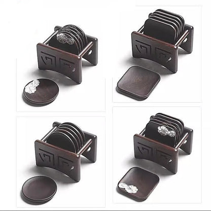 Solid Wood Black Sandalwood Square and Circular Cup Cushion Set, Kungfu Heat Insulation Pad, Tea Cup and Saucer, Tea Accessories