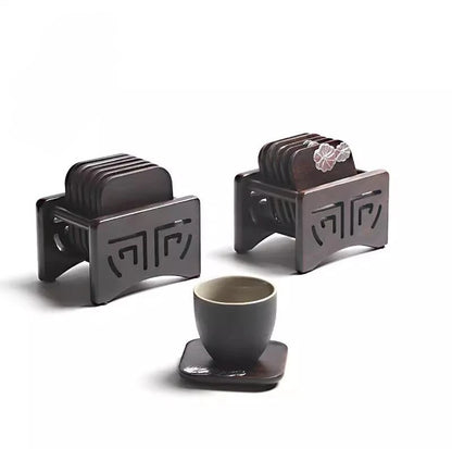 Solid Wood Black Sandalwood Square and Circular Cup Cushion Set, Kungfu Heat Insulation Pad, Tea Cup and Saucer, Tea Accessories