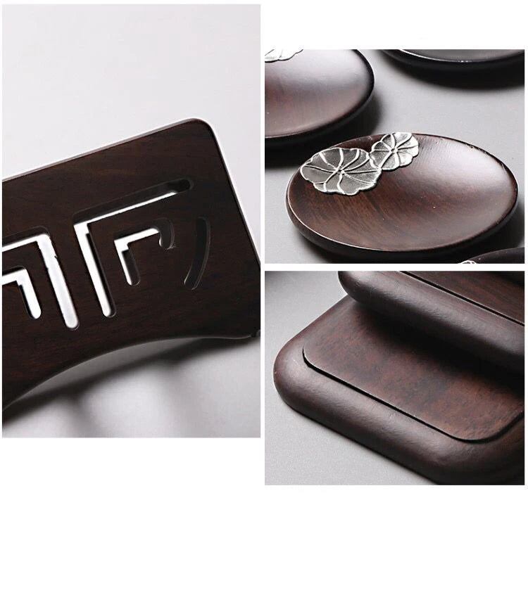 Solid Wood Black Sandalwood Square and Circular Cup Cushion Set, Kungfu Heat Insulation Pad, Tea Cup and Saucer, Tea Accessories