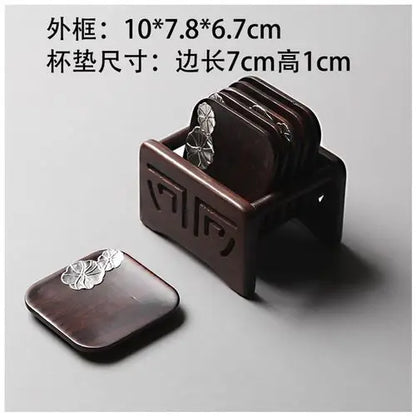 Solid Wood Black Sandalwood Square and Circular Cup Cushion Set, Kungfu Heat Insulation Pad, Tea Cup and Saucer, Tea Accessories