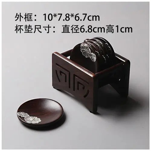 Solid Wood Black Sandalwood Square and Circular Cup Cushion Set, Kungfu Heat Insulation Pad, Tea Cup and Saucer, Tea Accessories