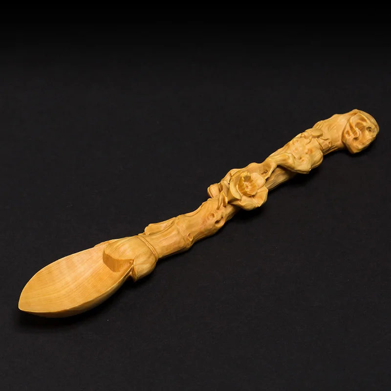 Solid Wood Carved Tea Spoon, Artistic Boxwood, Long Handle, Creative Crafts