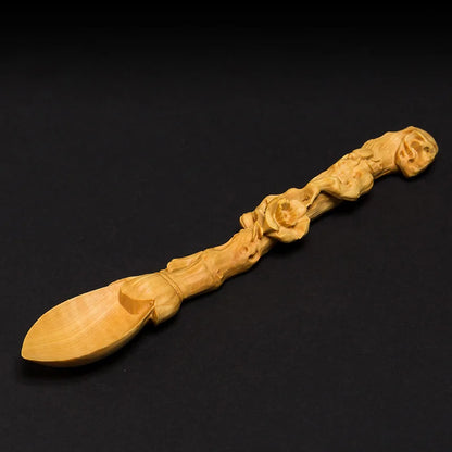 Solid Wood Carved Tea Spoon, Artistic Boxwood, Long Handle, Creative Crafts