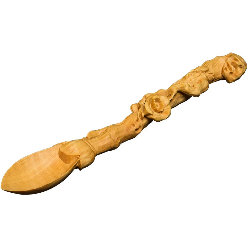 Solid Wood Carved Tea Spoon, Artistic Boxwood, Long Handle, Creative Crafts