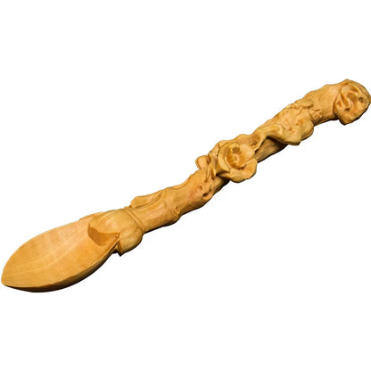 Solid Wood Carved Tea Spoon, Artistic Boxwood, Long Handle, Creative Crafts