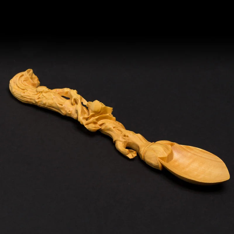 Solid Wood Carved Tea Spoon, Artistic Boxwood, Long Handle, Creative Crafts