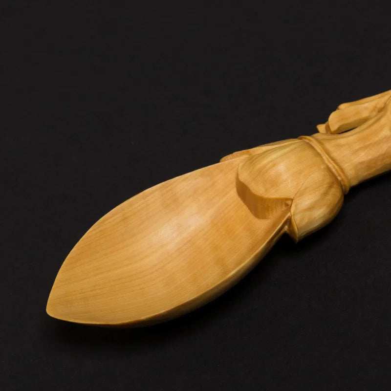 Solid Wood Carved Tea Spoon, Artistic Boxwood, Long Handle, Creative Crafts