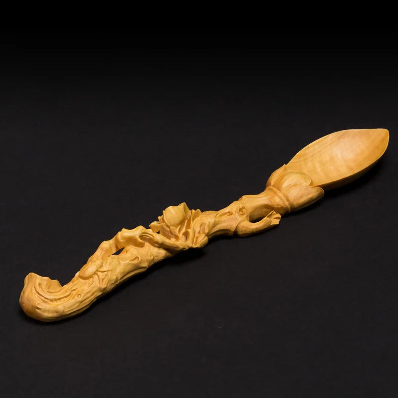 Solid Wood Carved Tea Spoon, Artistic Boxwood, Long Handle, Creative Crafts