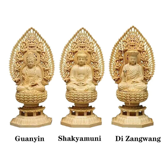 Solid Wood Carving Avalokitesvara, Ksitigarbha, Shakyamuni Buddha Buddhist statue，Home Decor Feng Shui Large Statue 28cm / 11 in