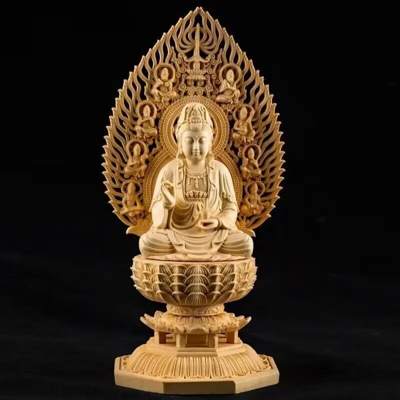 Solid Wood Carving Avalokitesvara, Ksitigarbha, Shakyamuni Buddha Buddhist statue，Home Decor Feng Shui Large Statue 28cm / 11 in