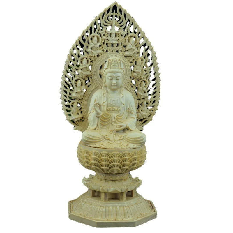 Solid Wood Carving Avalokitesvara, Ksitigarbha, Shakyamuni Buddha Buddhist statue，Home Decor Feng Shui Large Statue 28cm / 11 in