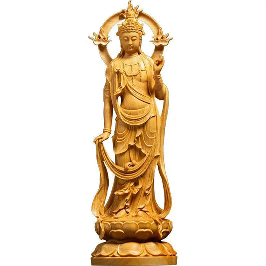 Solid Wood Carving Bodhisattva Figurine Buddha Statue Sculpture Home Living Room Decoration Buddhist Supply Art Crafts Ornament