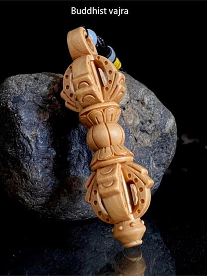 Solid Wood Carving Buddhist Vajra Small Pendant Buddhist tantric practice instruments  key backpack evil spirit pendant
