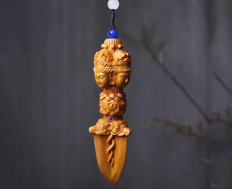Solid Wood Carving Buddhist Vajra Small Pendant Buddhist tantric practice instruments  key backpack evil spirit pendant