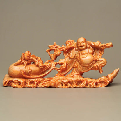Solid Wood Carving Cloth Bag Maitreya Buddha Statue Decorative Lucky Statue Figurines Traditional Hand Carving Home Room