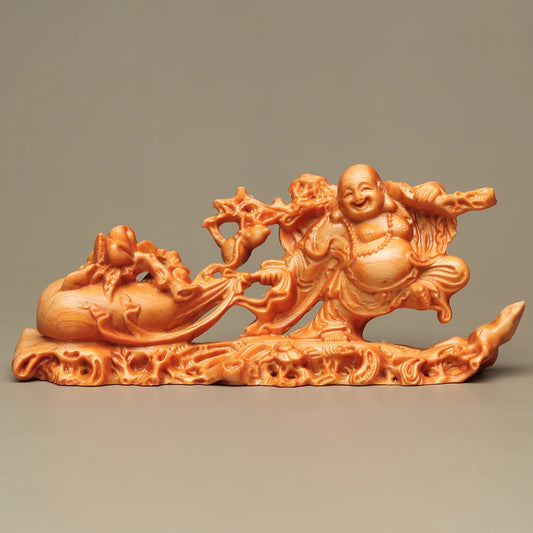 Solid Wood Carving Cloth Bag Maitreya Buddha Statue Decorative Lucky Statue Figurines Traditional Hand Carving Home Room