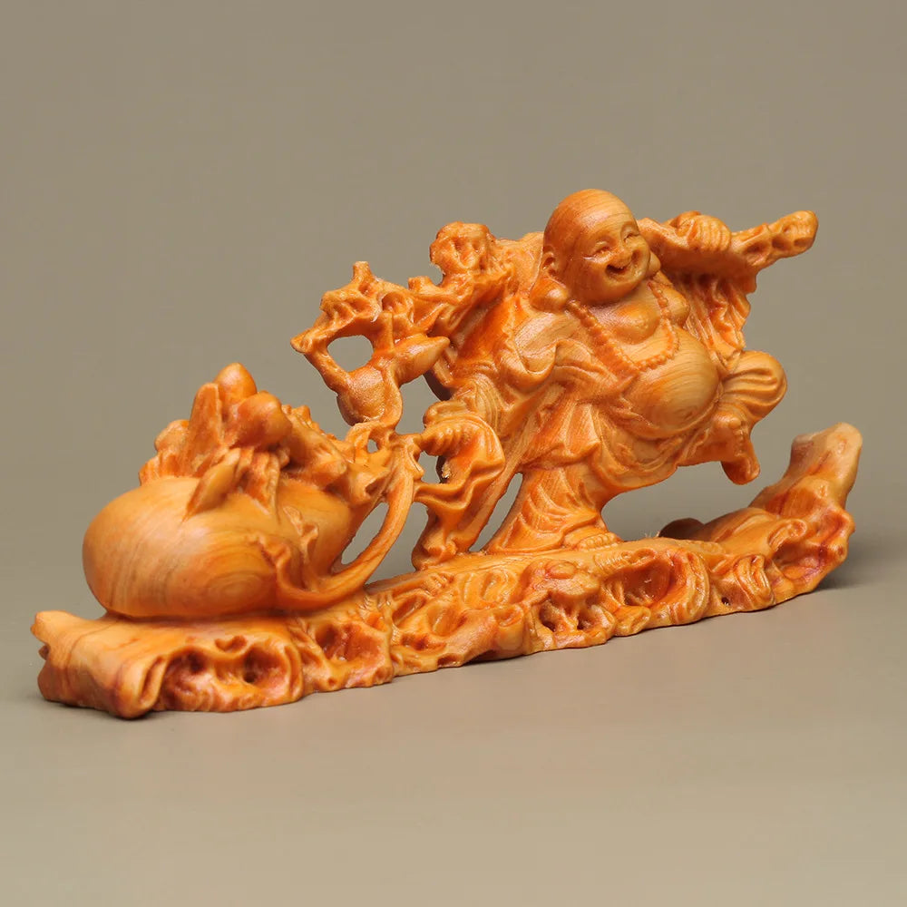 Solid Wood Carving Cloth Bag Maitreya Buddha Statue Decorative Lucky Statue Figurines Traditional Hand Carving Home Room