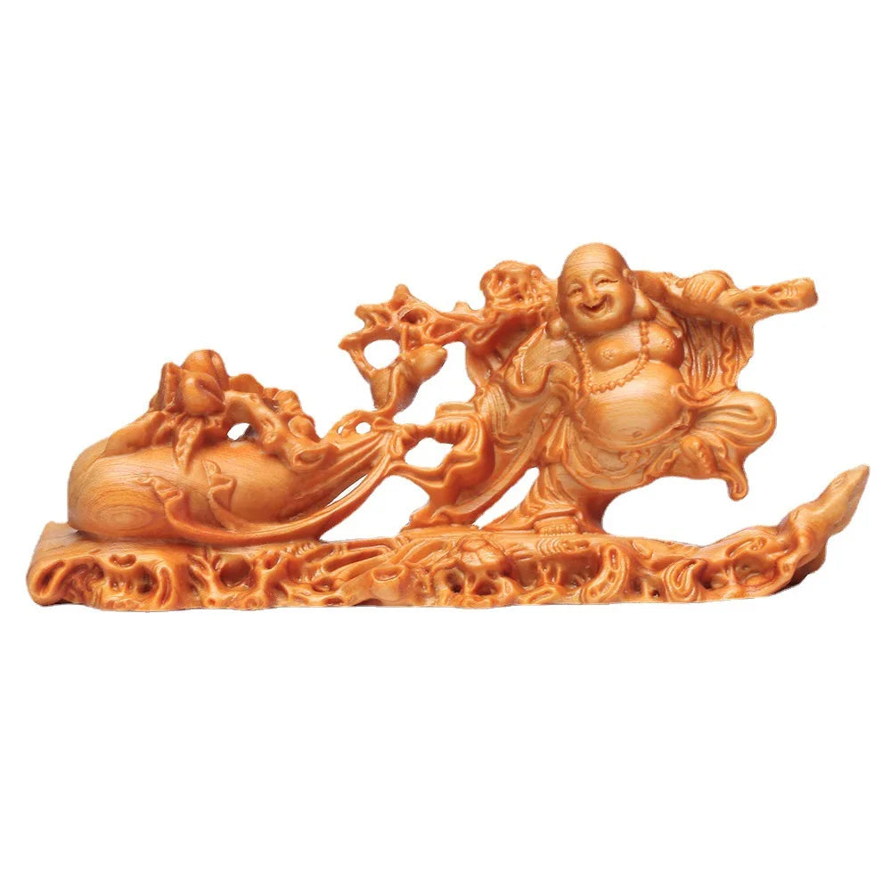 Solid Wood Carving Cloth Bag Maitreya Buddha Statue Decorative Lucky Statue Figurines Traditional Hand Carving Home Room