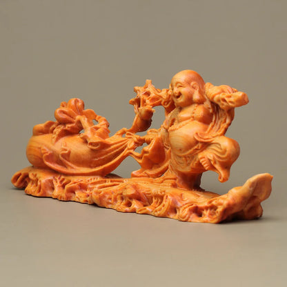 Solid Wood Carving Cloth Bag Maitreya Buddha Statue Decorative Lucky Statue Figurines Traditional Hand Carving Home Room
