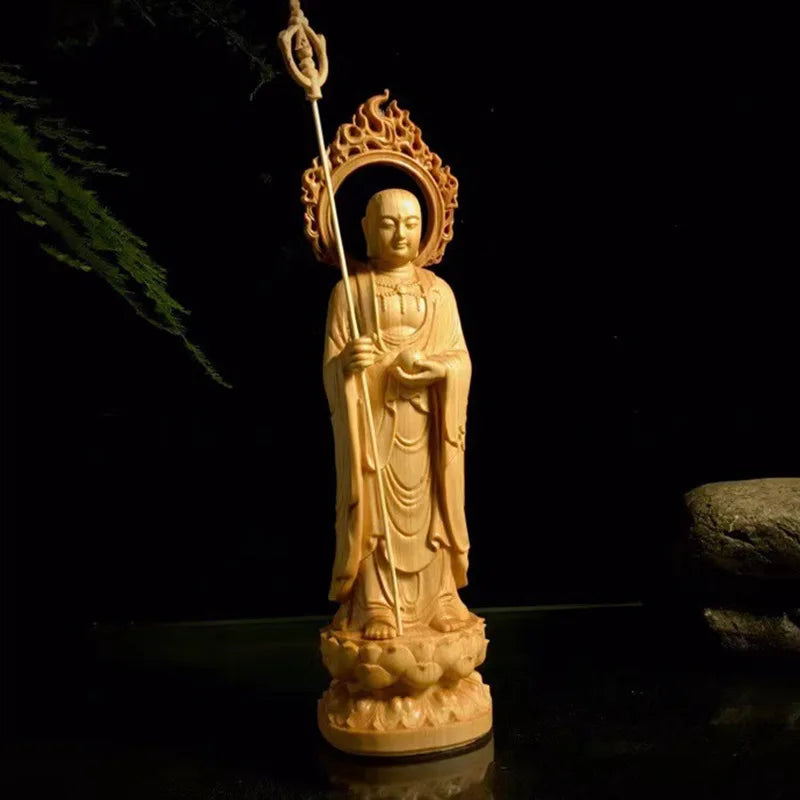 Solid Wood Carving Ksitigarbha Decorative Statue Hand-carved Chinese Buddha Statue Home Living Room Feng Shui Decoration
