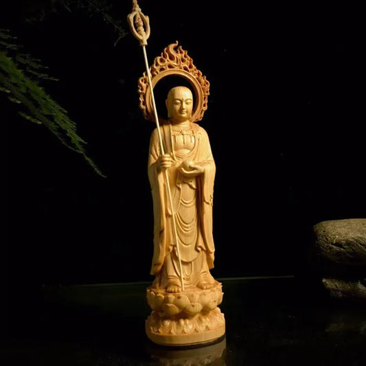 Solid Wood Carving Ksitigarbha Decorative Statue Hand-carved Chinese Buddha Statue Home Living Room Feng Shui Decoration