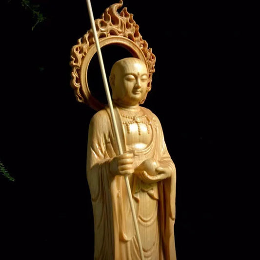 Solid Wood Carving Ksitigarbha Decorative Statue Hand-carved Chinese Buddha Statue Home Living Room Feng Shui Decoration
