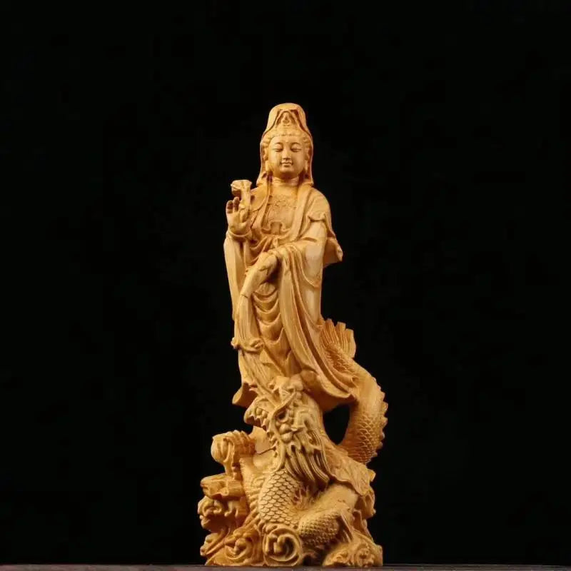 Solid Wood Carving Long Guanyin Buddha Ornaments Traditional Hand-carved Buddha Statue Home Living Room Feng Shui Sculpture