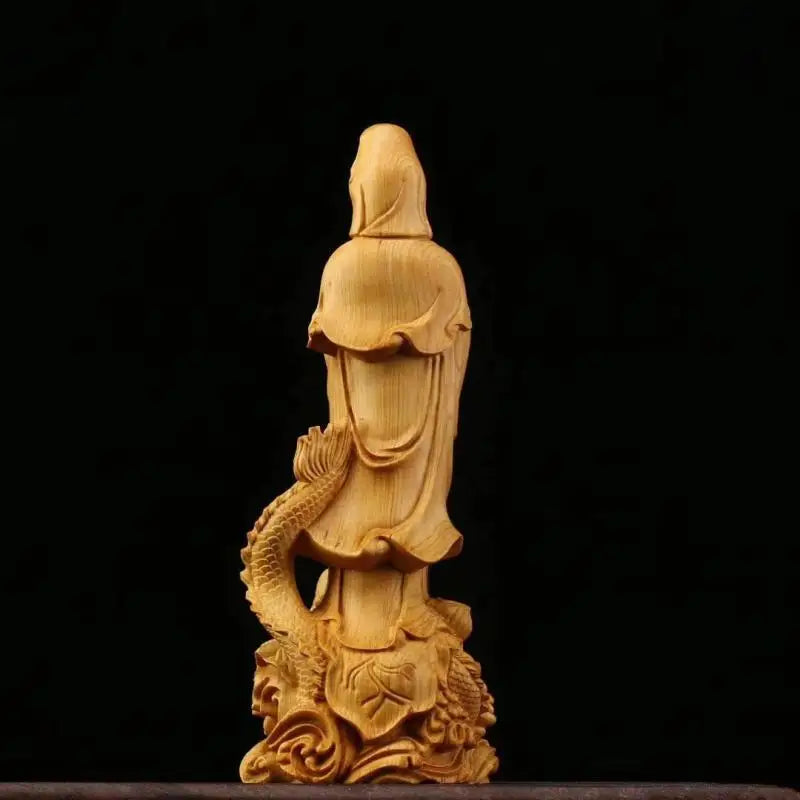 Solid Wood Carving Long Guanyin Buddha Ornaments Traditional Hand-carved Buddha Statue Home Living Room Feng Shui Sculpture