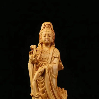 Solid Wood Carving Long Guanyin Buddha Ornaments Traditional Hand-carved Buddha Statue Home Living Room Feng Shui Sculpture