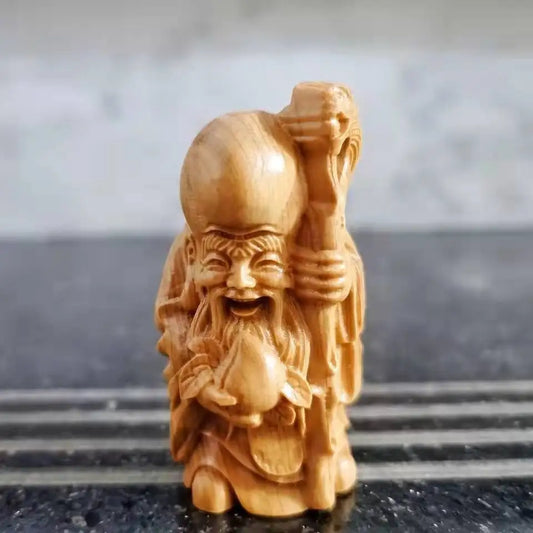 Solid Wood Carving Longevity Star- mini statue ，Thuja wood hand-carved，Character ornament home table figurines longevity gift