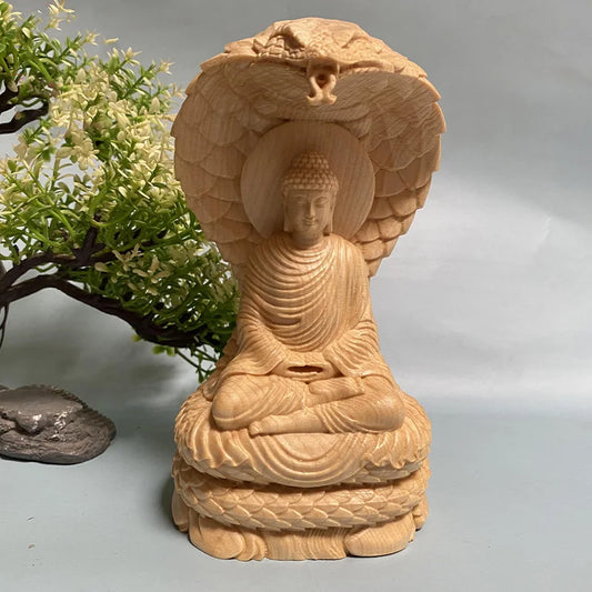 Solid Wood Carving Sakyamuni Python Tathagata Figurine, Creative Aesthetic Home Decor Feng Shui Buddha Statue Ornaments 12cm