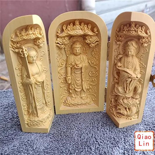 Solid Wood Carving Three Open Buddha Decorative Statue Modern Art Sculpture Collapsible Home Living Room Bedroom Decoration