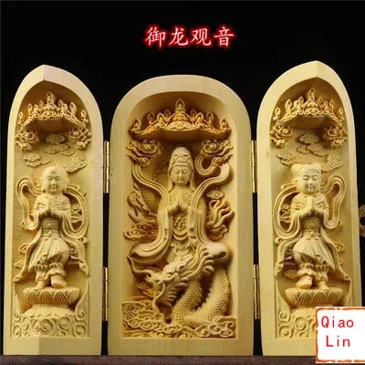 Solid Wood Carving Three Open Buddha Decorative Statue Modern Art Sculpture Collapsible Home Living Room Bedroom Decoration
