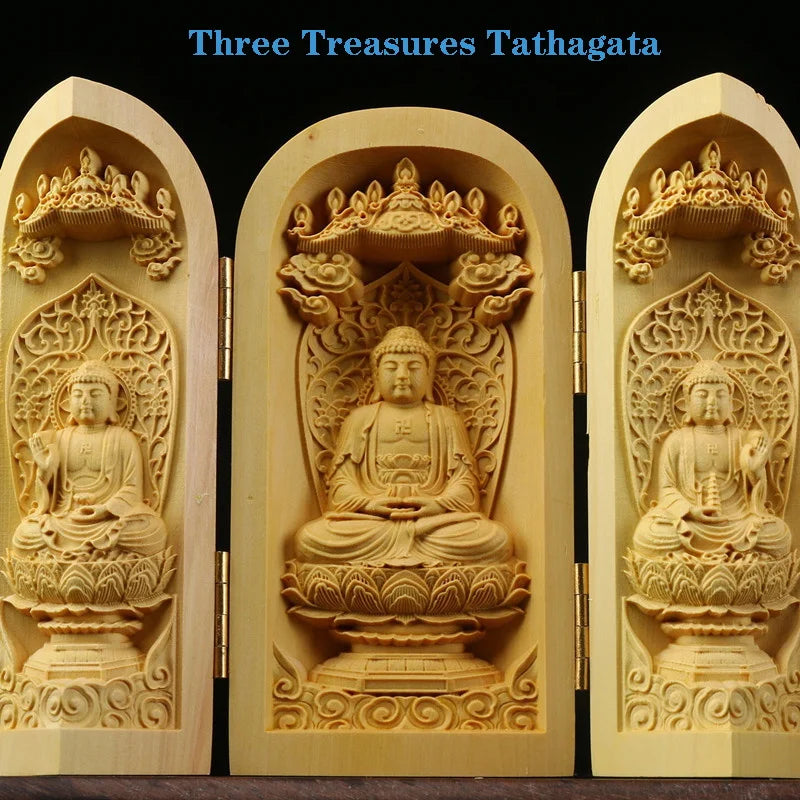 Solid Wood Carving Three Open Buddha Decorative Statue Modern Art Sculpture Collapsible Home Living Room Bedroom Decoration