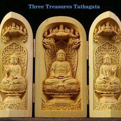 Solid Wood Carving Three Open Buddha Decorative Statue Modern Art Sculpture Collapsible Home Living Room Bedroom Decoration