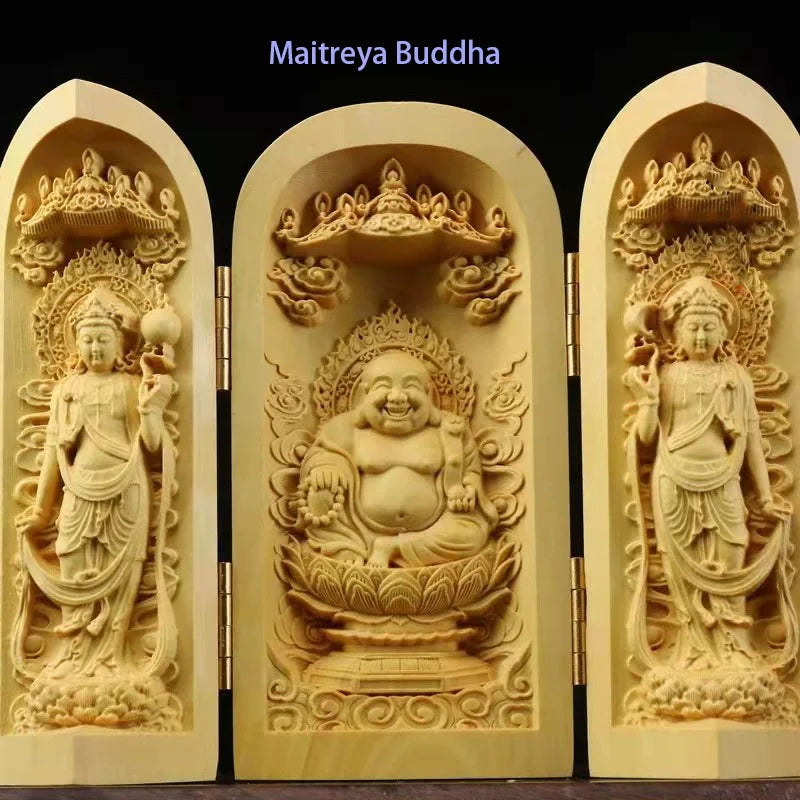 Solid Wood Carving Three Open Buddha Decorative Statue Modern Art Sculpture Collapsible Home Living Room Bedroom Decoration