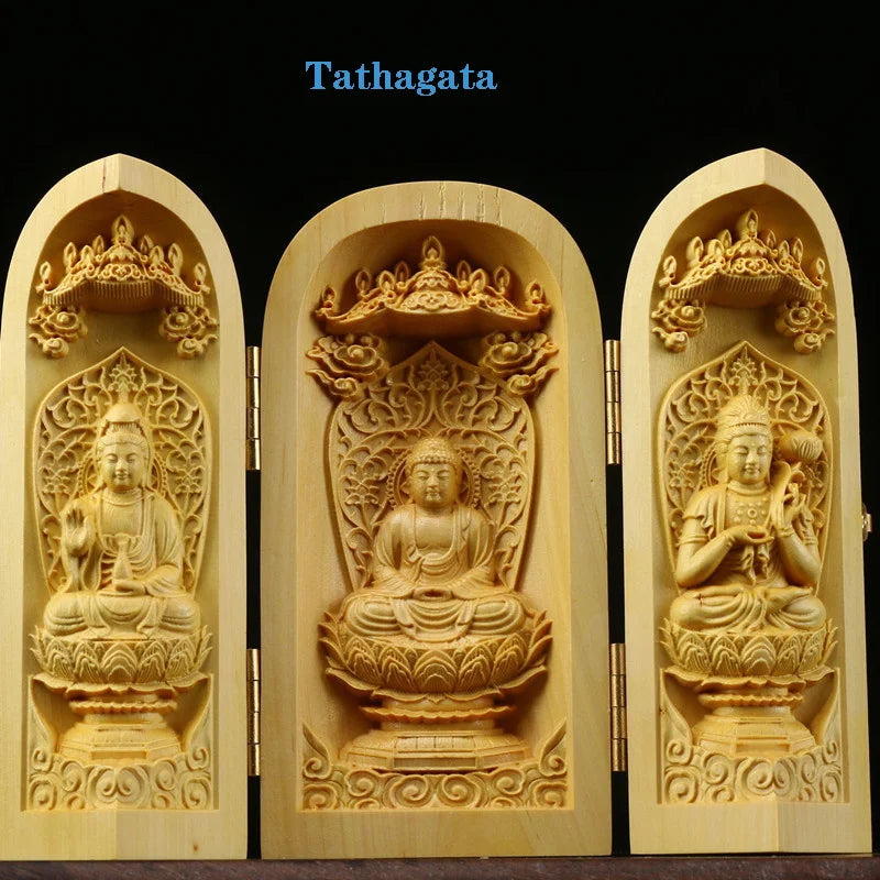 Solid Wood Carving Three Open Buddha Decorative Statue Modern Art Sculpture Collapsible Home Living Room Bedroom Decoration