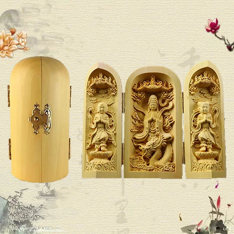 Solid Wood Carving Three Open Buddha Decorative Statue Modern Art Sculpture Collapsible Home Living Room Bedroom Decoration