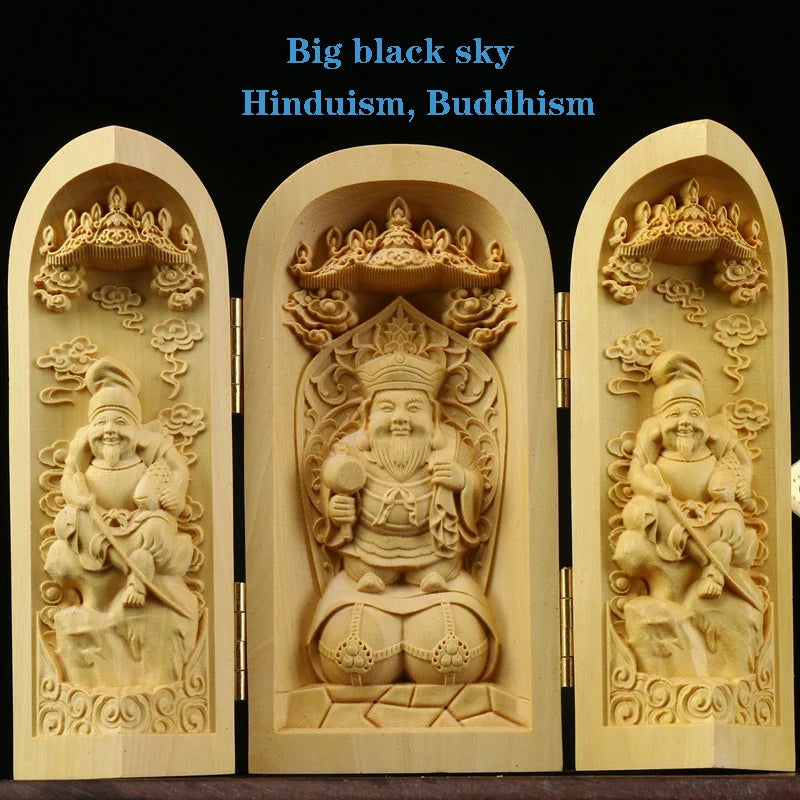 Solid Wood Carving Three Open Buddha Decorative Statue Modern Art Sculpture Collapsible Home Living Room Bedroom Decoration