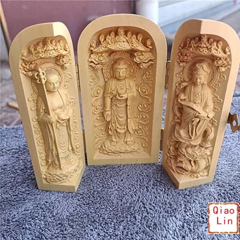 Solid Wood Carving Three Open Buddha Decorative Statue Modern Art Sculpture Collapsible Home Living Room Bedroom Decoration