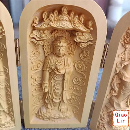 Solid Wood Carving Three Open Buddha Decorative Statue Modern Art Sculpture Collapsible Home Living Room Bedroom Decoration