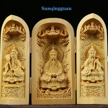 Solid Wood Carving Three Open Buddha Decorative Statue Modern Art Sculpture Collapsible Home Living Room Bedroom Decoration