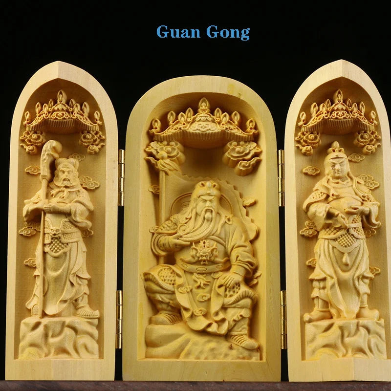 Solid Wood Carving Three Open Buddha Decorative Statue Modern Art Sculpture Collapsible Home Living Room Bedroom Decoration